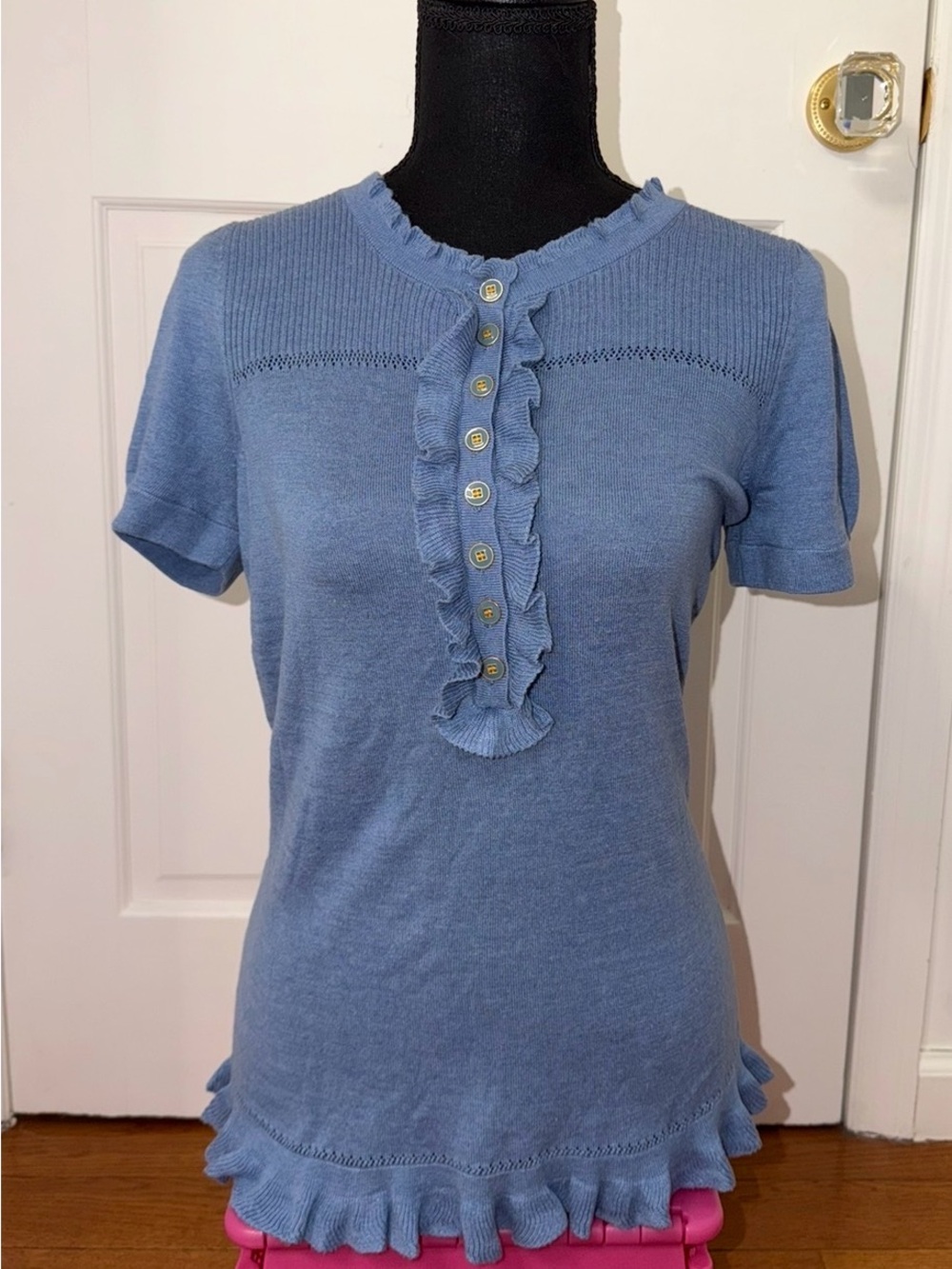 Juicy Couture Y2K Silk Blend Heather Blue Ruffle Henley Knit Top NWT Size M